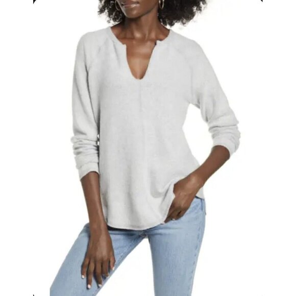 Socialite Raglan Cozy fleece Sweater MEDIUM Grey heather Split Neck top - Picture 1 of 7